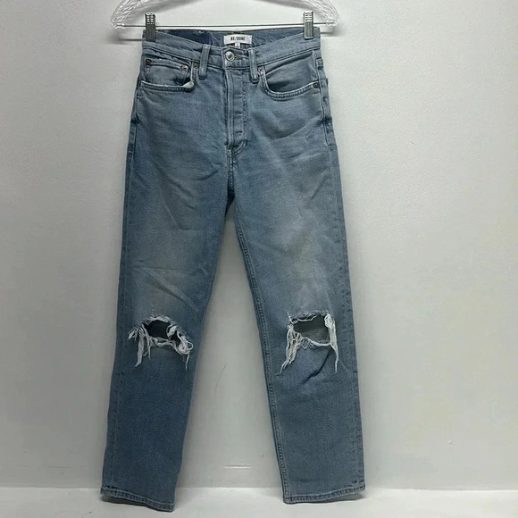 RE/DONE 70s High Rise Stove Pipe Jeans Denim Blue Jeans in Light Destroyed 24 - Picture 2 of 13